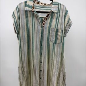 Umgee Striped Button Down Teal to Green Shirt Dress Women's Size Medium Boho